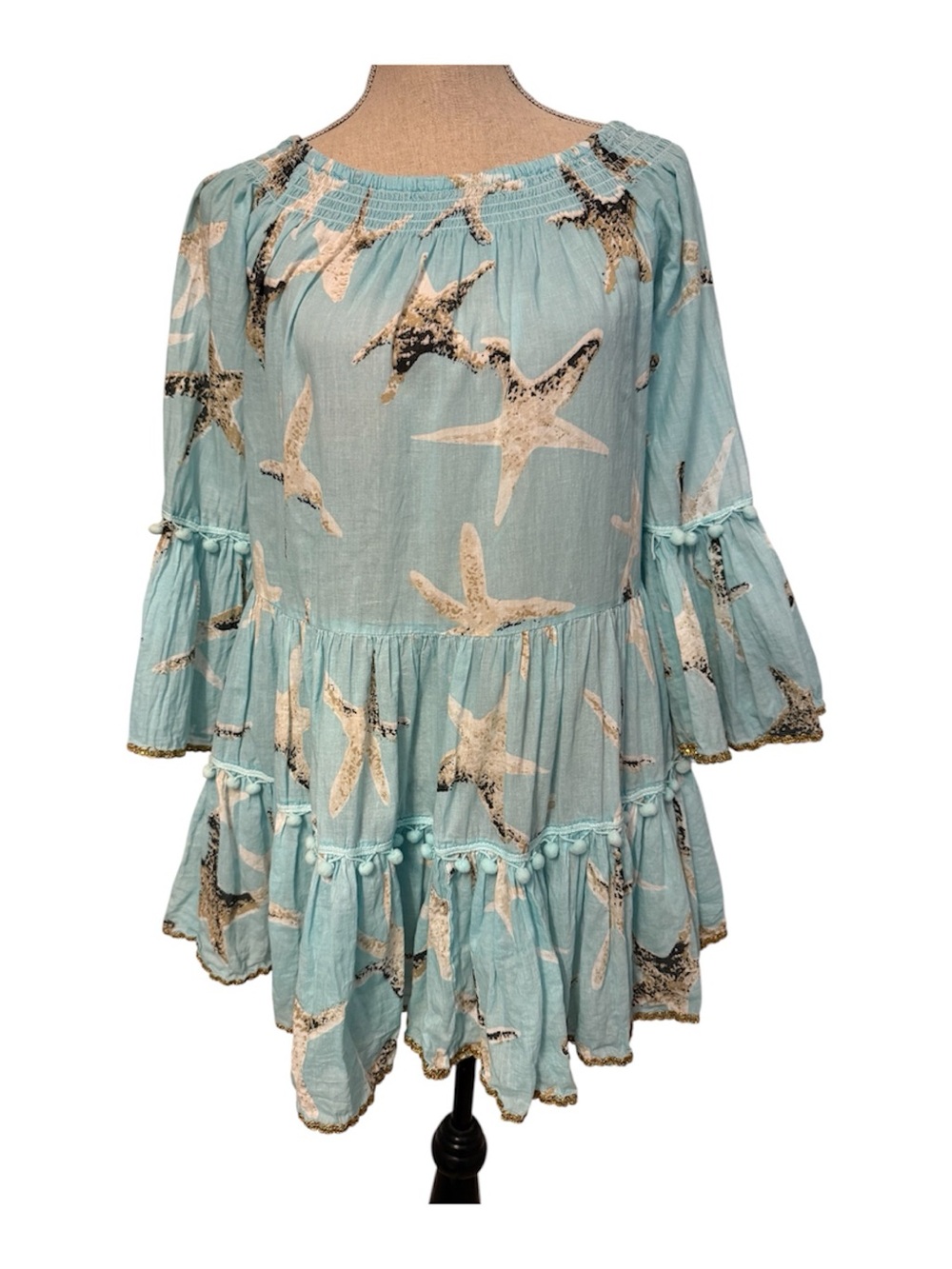 DEBBIE KATZ TOP TUNIC BLUE WHITE BROWN STARFISH TIERED POM POM GOLD TRIM SIZE S